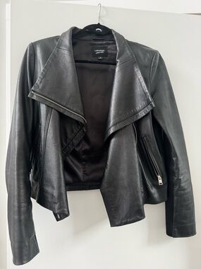 Lamarque Black Leather Draped Front Moto Jacket